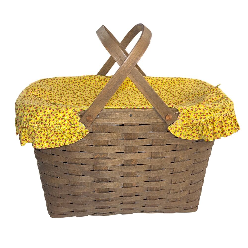 Vintage Woven Wood Picnic Basket Yellow Floral Zip Fabric Cover Cottagecore MCM